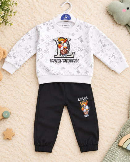 Boys Bear Printed Winter Sweatshirt & Pants | White & Black 2-Piece Warm Tracksuit | MimiCones