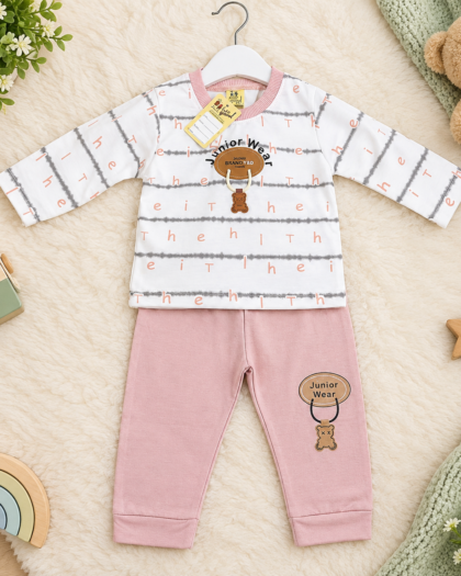 Baby Girl Cotton Outfit Set | Pink & White 2-Piece Suit | Striped "Junior Wear" | MimiCones