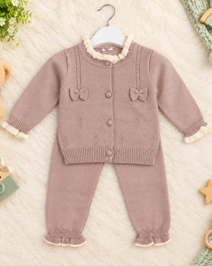 Baby Girl Elegant Knit Bow Cardigan & Trousers Set | Dusty Rose 2-Piece Winter Suit