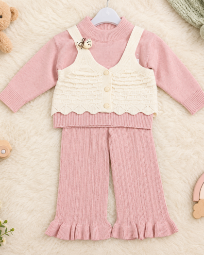 Baby Girl Woolen Scalloped Vest & Ruffled Pants Set | Pink & Cream 3-Piece Winter