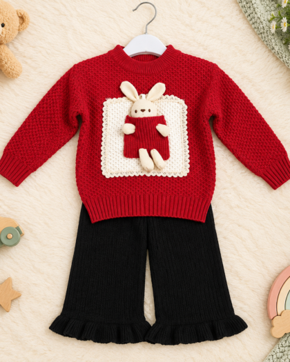 Baby Girl 3D Bunny Plush Knit Sweater & Ruffled Pants Set | Red & Black 2-Piece