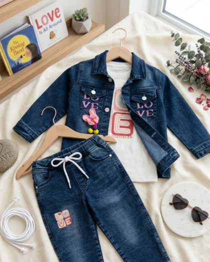 Girls 3-Piece Outfit Set | Dark Blue Jacket, Tee & Jeans Set | Kids LOVE Embroidered | MimiCones