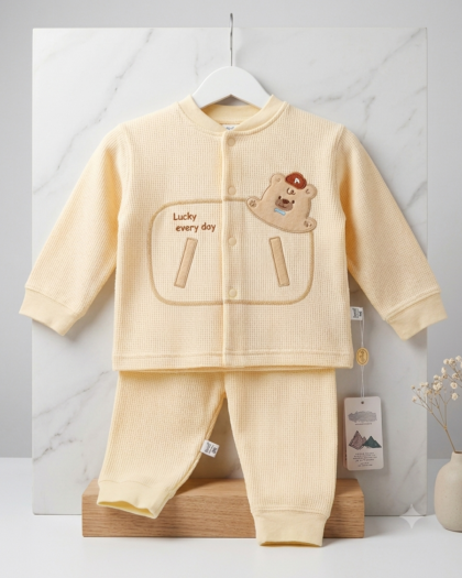 Lucky Bear Terry & Fleece Outfit Set | Cream Yellow 2-Piece Suit