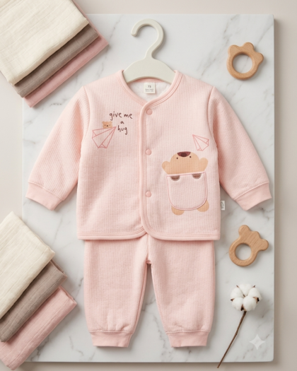 Lucky Bear Terry & Fleece Outfit Set | Baby Pink 2-Piece Suit