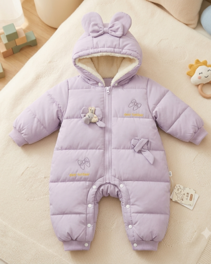 Lavender Bow Hooded Padded Baby Romper | Warm Winter Snowsuit | MimiCones