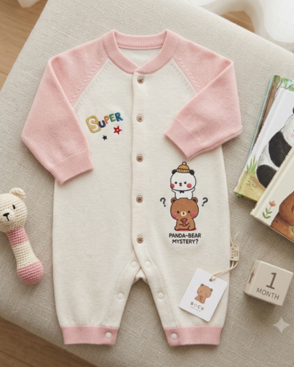 Pink & Cream Romper | One-Piece Jumpsuit | Panda-Bear Mystery Soft Knit Baby Romper