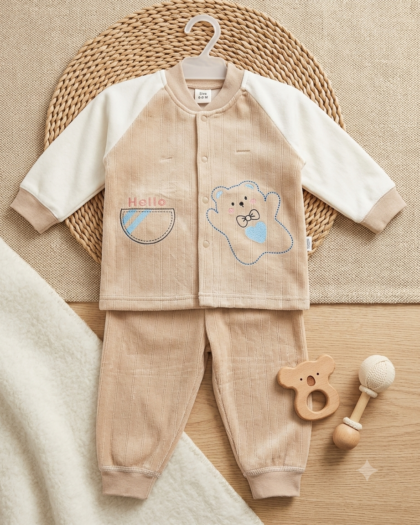 Boys Cream Panda Hello Printed Winter Suiting Set | Imported (6–18 Months) | MimiCones