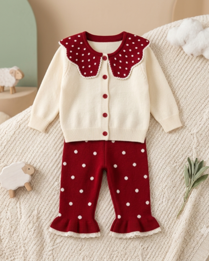 Girls Woolen Sailor Collar Sweater & Bunny Pants Set | Red & Skin (2–7 Years)