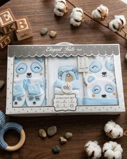Sky Blue Panda 10-Piece Newborn Baby Gift Set | Deluxe Cotton Boxed Set