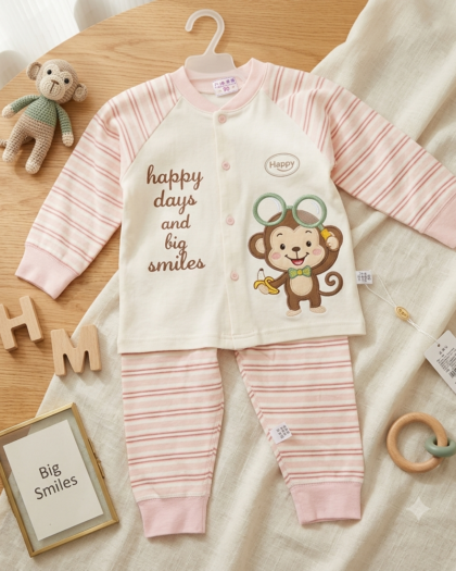 Cute Pink & White 2-Piece Suit | Monkey & Banana Striped Baby Pajama Set | MimiCones