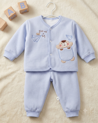 Lucky Bear Terry & Fleece Outfit Set | Soft Blue 2-Piece Suit