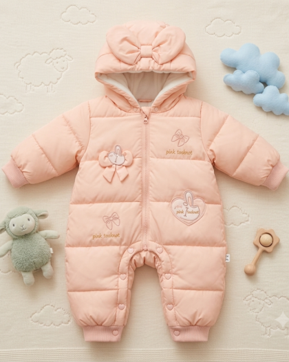 Soft Pink Bow Hooded Padded Baby Romper | Warm Winter Snowsuit | MimiCones