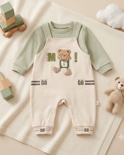 Bear Cotton Romper | Sage Green & Cream 2-Piece Set | MimiCones