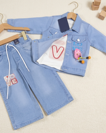 Girls 3-Piece Outfit Set | Light Blue Jacket, Tee & Jeans Set | Kids LOVE Embroidered | MimiCones