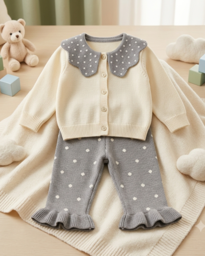 Girls Woolen Sailor Collar Sweater & Bunny Pants Set | Grey & Skin (2–7 Years)