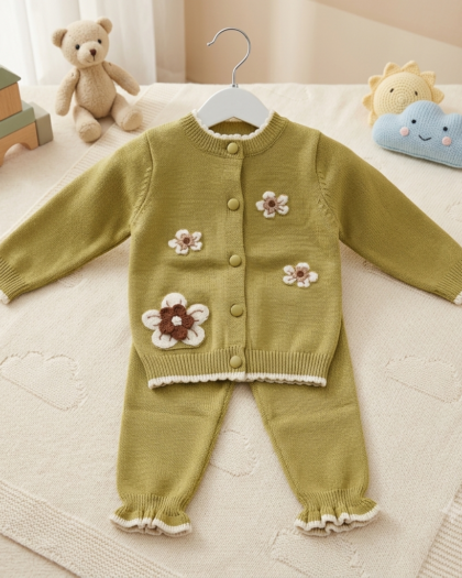 Floral Woolen Knit Cardigan & Ruffle Pants Set | Olive Green 2-Piece Suit | MimiCones