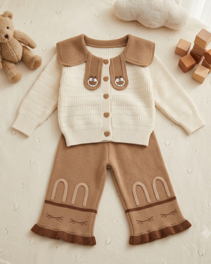 Girls Woolen Sailor Collar Sweater & Bunny Pants Set | Brown & Cream (2–7 Years) | MimiCones