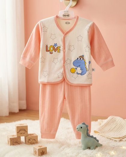 Peach & White 2-Piece Suit | Blue Dinosaur & LOVE Printed Baby Outfit Set | MimiCones