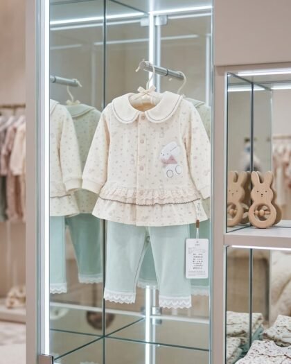 Bunny Sunshine Cotton Frock & Lace Leggings Set | Cream & Sage 2-Piece Outfit