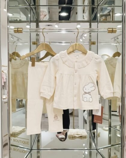 Baby Cotton Frock & Floral Leggings Set | Cream 2-Piece Outfit | Rabbit  | MimiCones