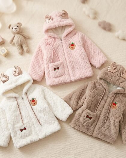 Girls Soft Fur Winter Jacket | Cute Reindeer Hood | MimiCones
