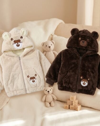 Baby Winter Jacket | Brown & White | Cute Bear Soft Fur | MimiCones