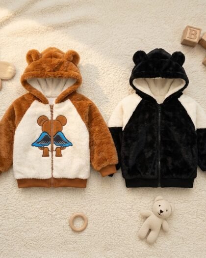Baby Winter Jacket | Brown & Black | Cute Animal Ear Soft Fur | MimiCones