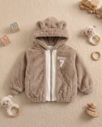 Baby Winter Hooded Jacket | Soft Fur | Ronaldo 7 | Beige | MimiCones
