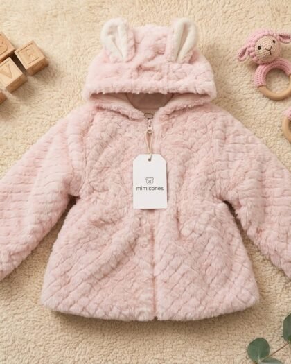 Baby Girl Soft Fur Hooded Winter Jacket with Cute Animal Ears | Soft Pink