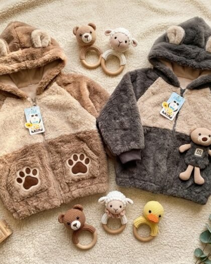 Baby Soft Fur Bear Hooded Winter Jacket | Light Brown & Charcoal Gray