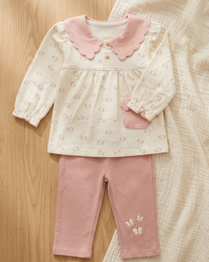 Baby Girl Cotton Scalloped Frock & Butterfly Leggings Set | Pink 2-Piece Outfit | MimiCones