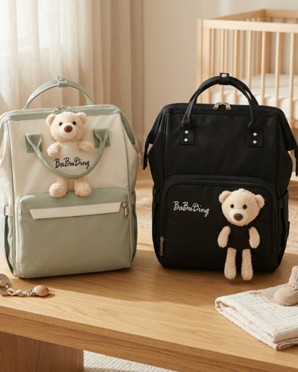 Baby Bag | Bear Diaper Backpack | Portable Travel Maternity Bag (Black & Green)