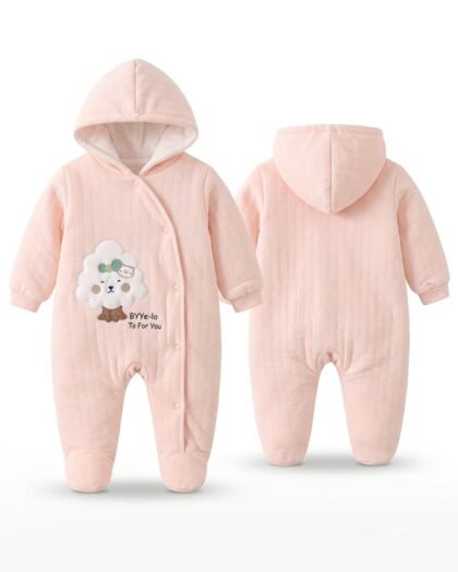 Hello Girl Bunny Quilted Hooded Baby Romper | Warm Winter Cotton Jumpsuit | MimiCones