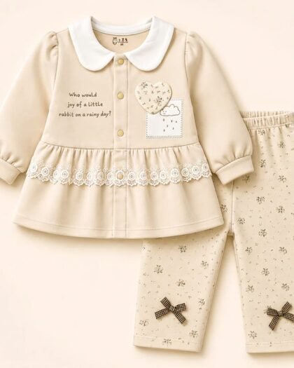 Baby Cotton Frock & Floral Leggings Set | Cream 2-Piece Outfit | Heart Beige Sunshine | MimiCones