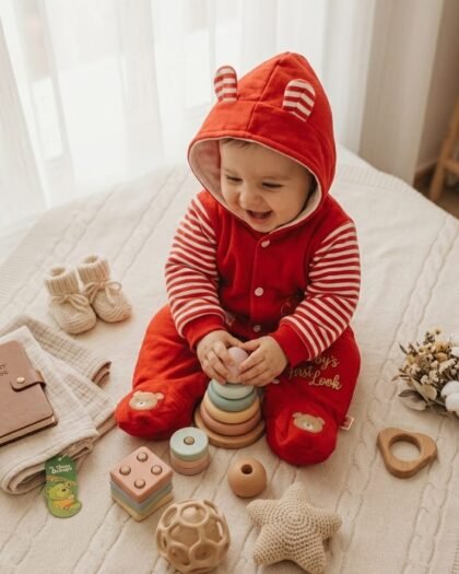 Cute Bunny Ear Hooded Fleece Baby Romper | Stripes Pattern Winter Warm Jumpsuit Outfit | MimiCones
