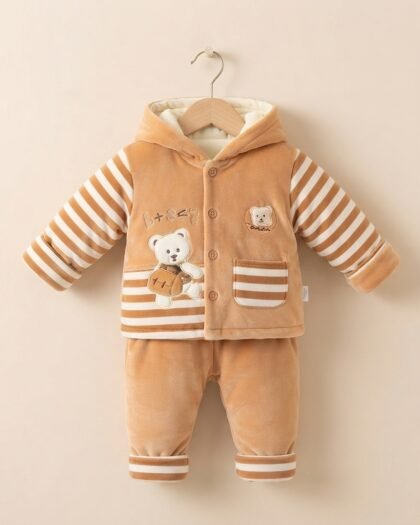 Warm Bear Velvet 2-Piece Cream Brown Winter Suit | Stripes Shirt | MimiCones | Unisex
