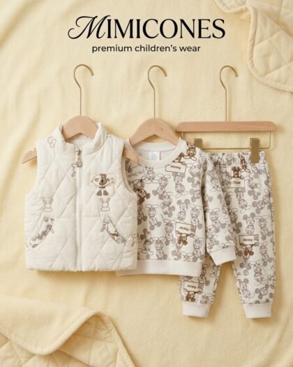 Boys 3-Piece Quilted Vest Winter Suit | Cream & Cartoon Print