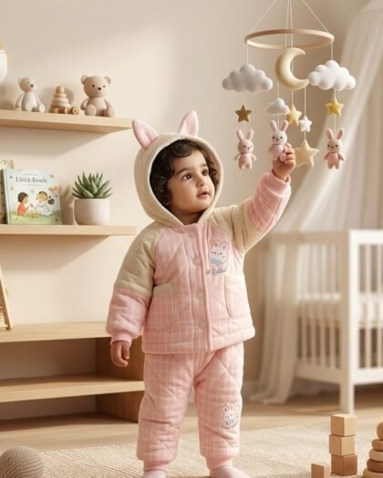 Baby Quilted Bunny Ear Hooded 2-Piece Winter Suit Set | Pink, Olive & Mint Green | MimiCones