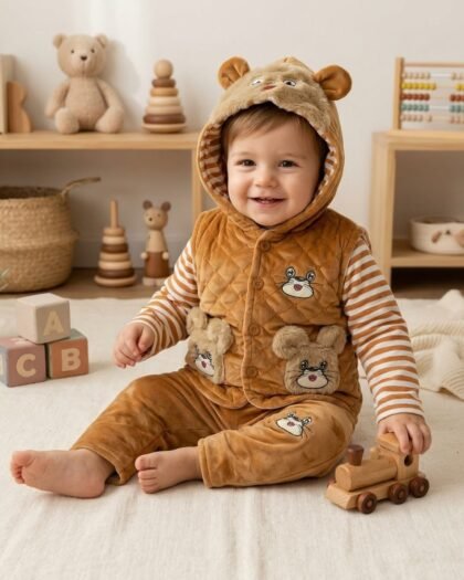 Warm Bear Velvet 3-Piece Winter Suit | Light Brown & Stripes Shirt | MimiCones | Unisex
