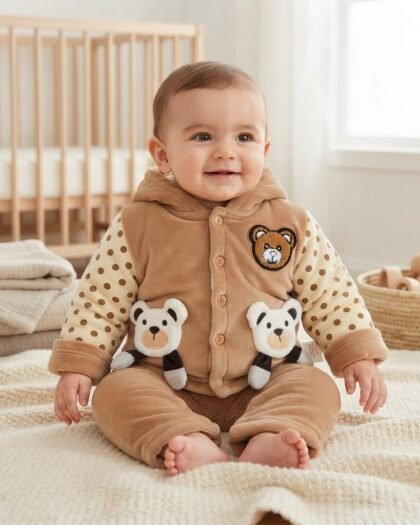 Warm Bear Velvet 2-Piece Winter Suit | Light Brown & Polka Dot | MimiCones | Unisex